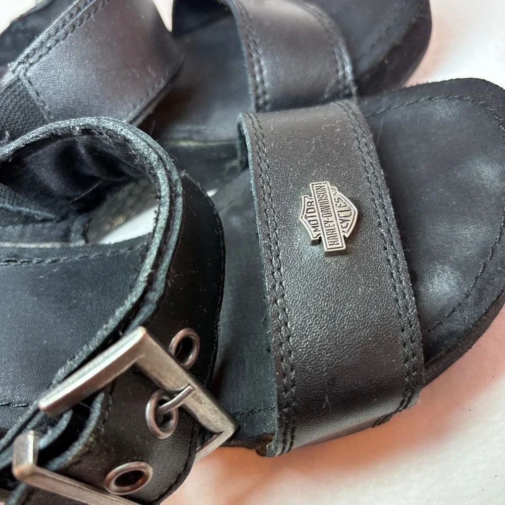 Harley-Davidson Womens Black Leather Wedge Sandals Buckle Logo Platform Slides